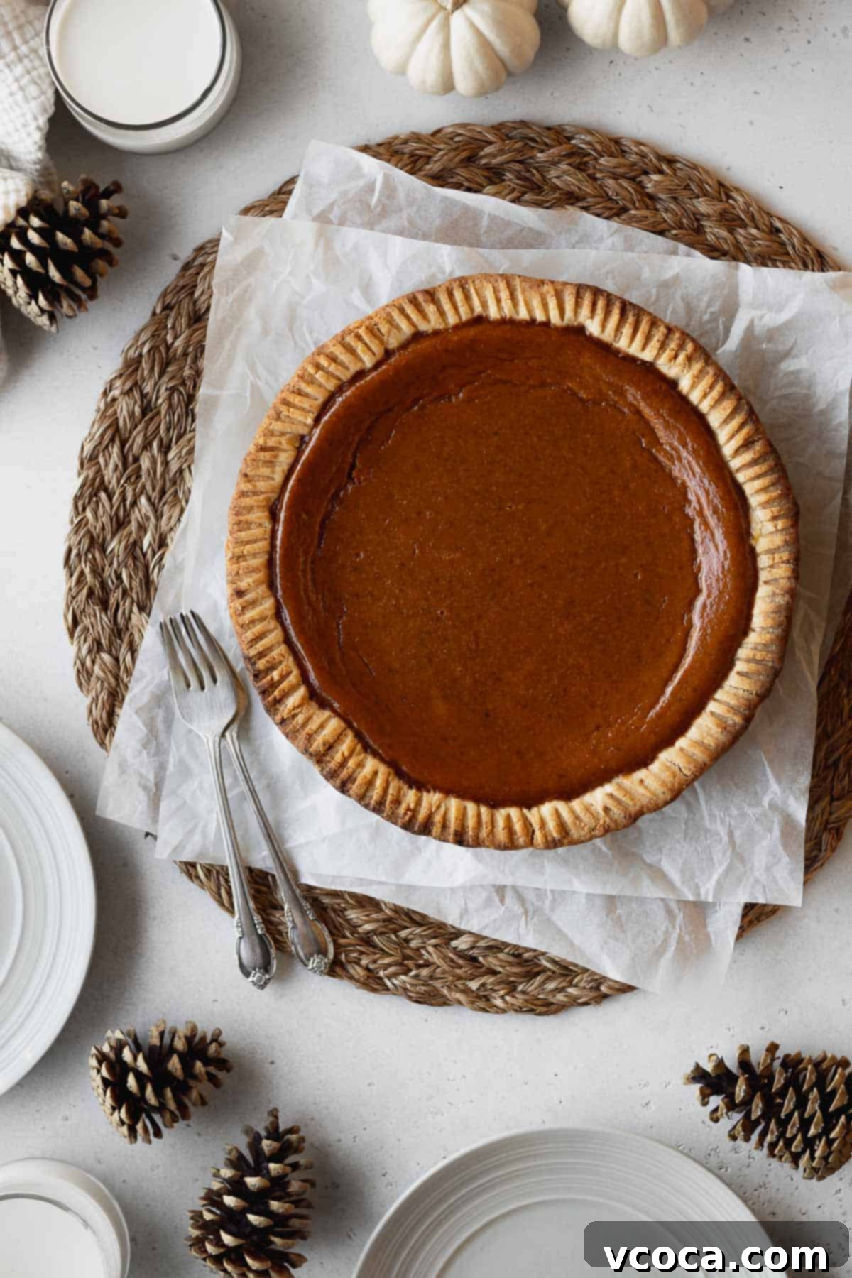 Wholesome Vegan Pumpkin Perfection 17 Overhead shot of non-dairy pumpkin pie on a couple pieces of crinkled parchment paper.