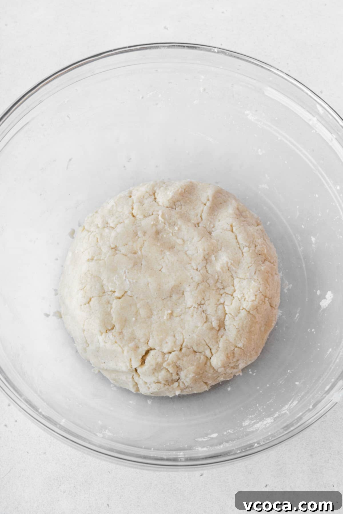 Wholesome Vegan Pumpkin Perfection 8 Dairy free pie crust shaped into a round disk in a glass bowl.