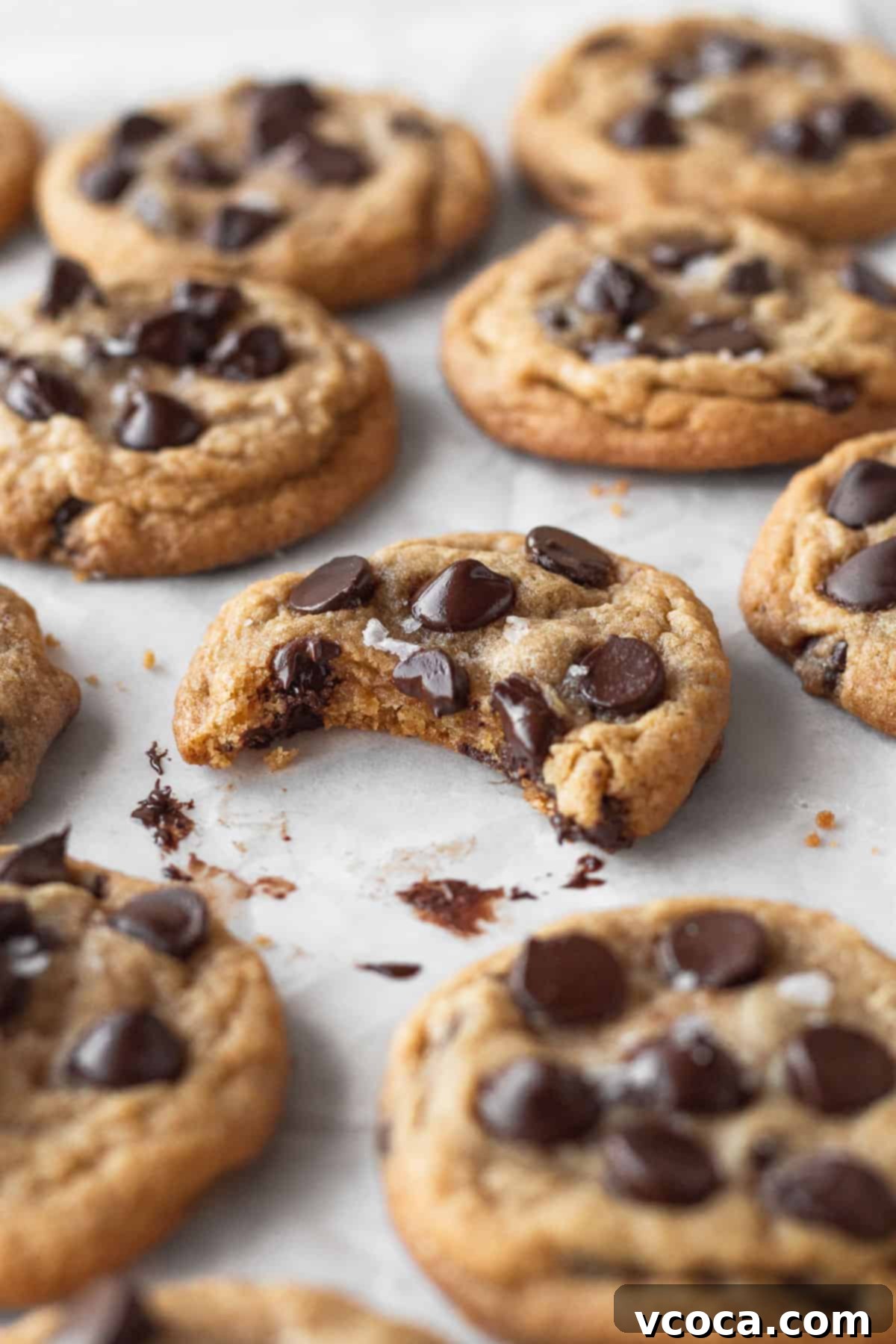 Irresistible Gluten-Free Chocolate Chip Cookies 2 45 degree angle shot of gluten-free dairy free cookies with the one in focus with a bite taken out and melty chocolate on the parchment paper underneath.