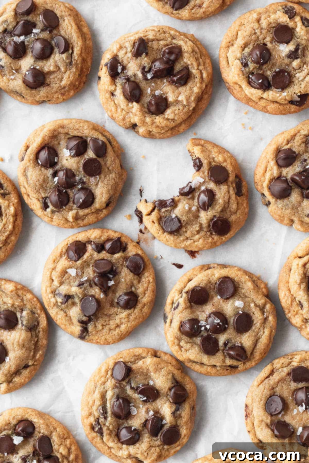 Irresistible Gluten-Free Chocolate Chip Cookies 11 a bunch of gf df chocolate chip cookies with one in the middle that has a bite taken out.