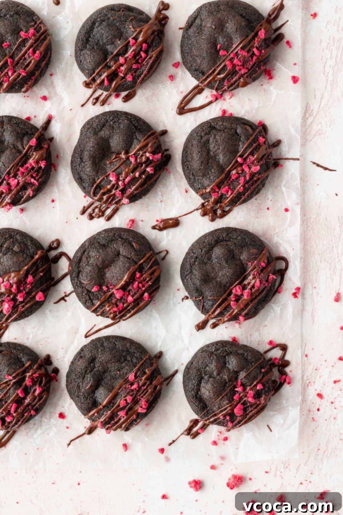 Chocolate chocolate cookies drizzled with melted chocolate and sprinkled with freeze-dried raspberries on top, laid out on a pink surface. The cookies are perfectly round and enticing.