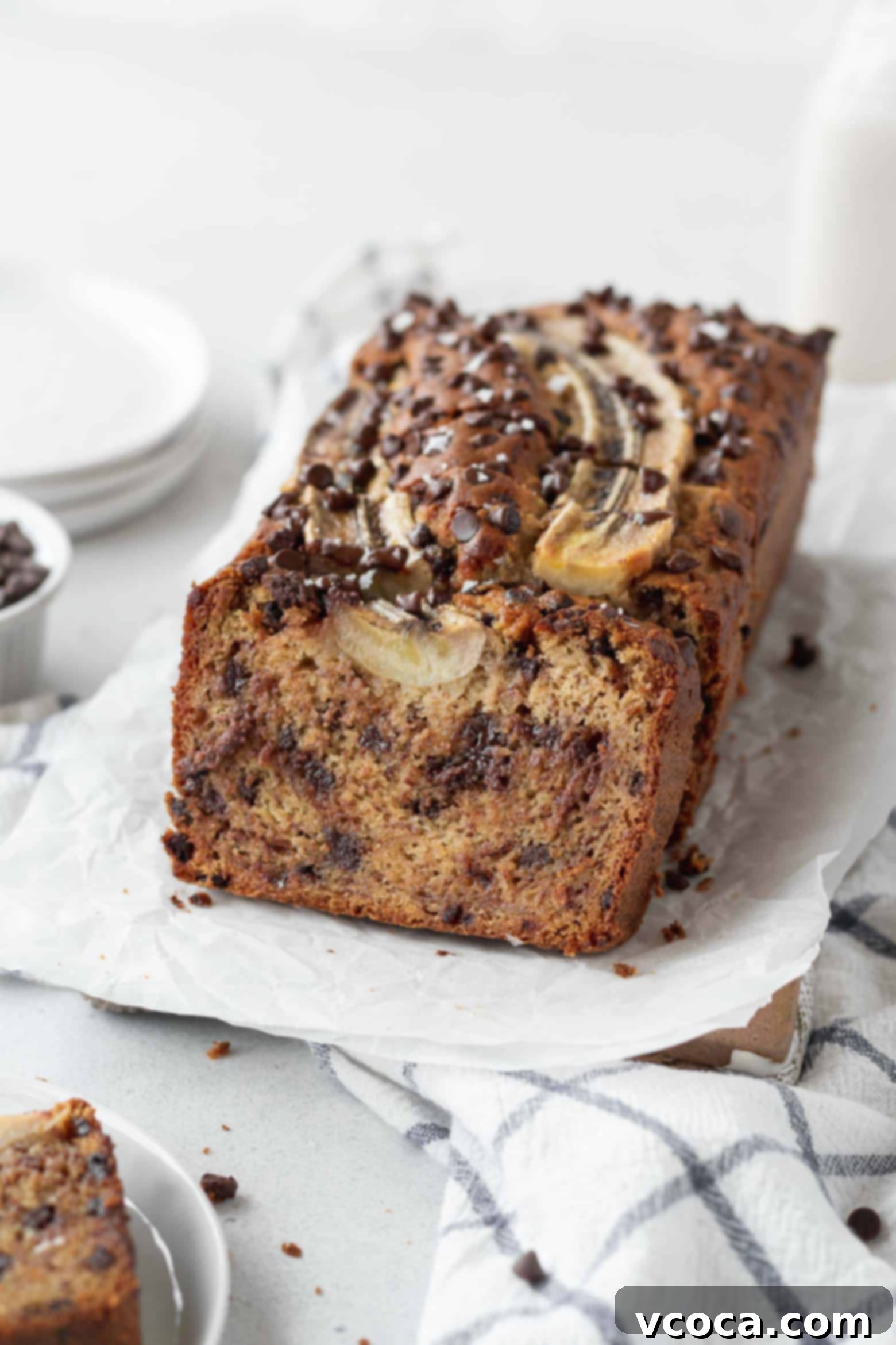 A loaf of gluten free chocolate chip banana bread.