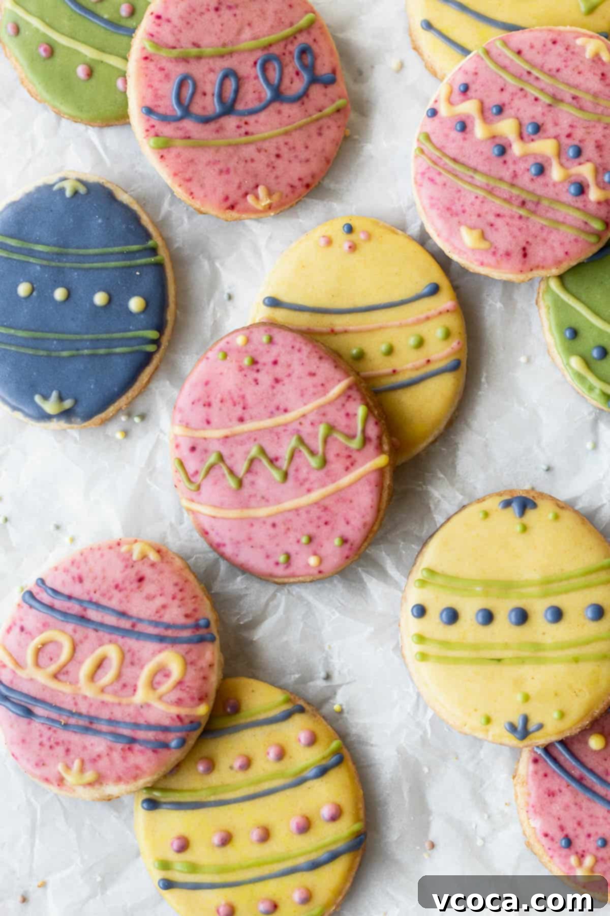 Joyful Easter Cookie Delights 2 Easter egg sugar cookies decorated with different colored icing on parchment paper, showcasing vibrant natural colors.