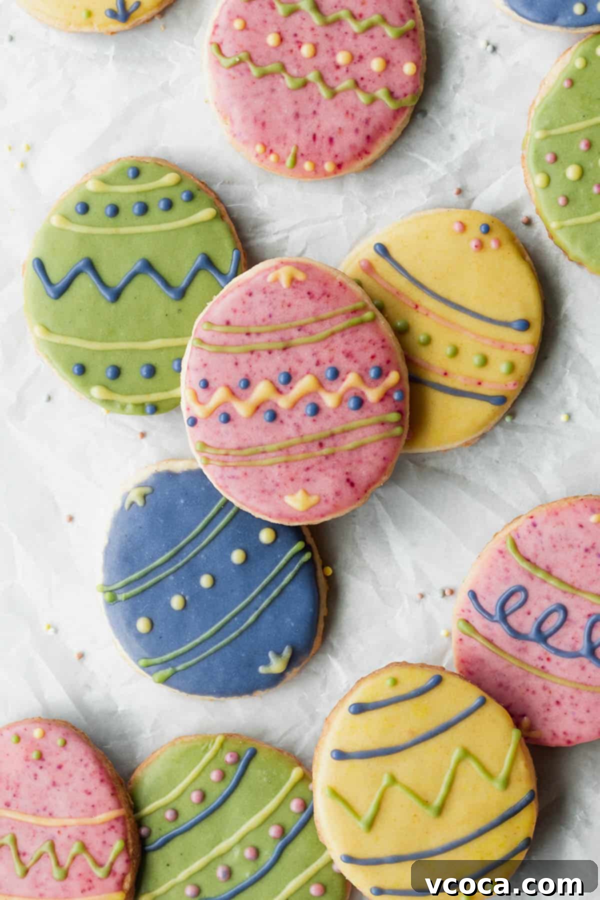 Joyful Easter Cookie Delights 12 Overhead shot of beautifully decorated Easter cookies on a white surface, featuring various natural pastel colors and designs.