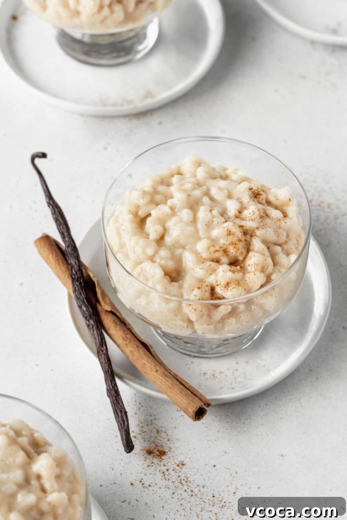 Dreamy Vegan Rice Pudding 2 Vegan rice pudding in a dessert glass with a cinnamon stick and vanilla bean placed next to it.