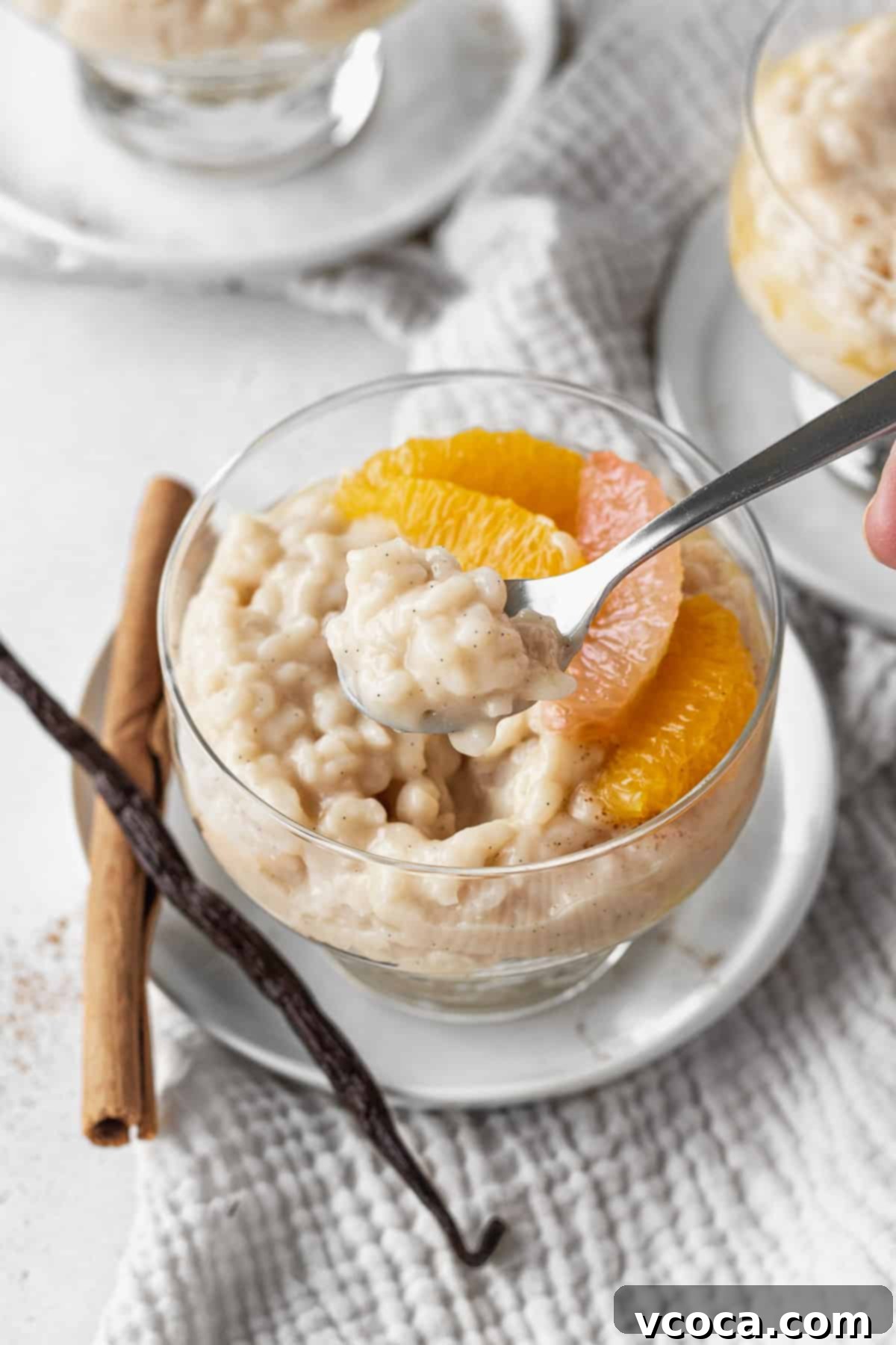 Dreamy Vegan Rice Pudding 11 A spoon scooping a bite of vegan rice pudding.