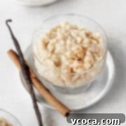 Dreamy Vegan Rice Pudding 4 A glass bowl of vegan rice pudding with a cinnamon stick and vanilla bean next to it.
