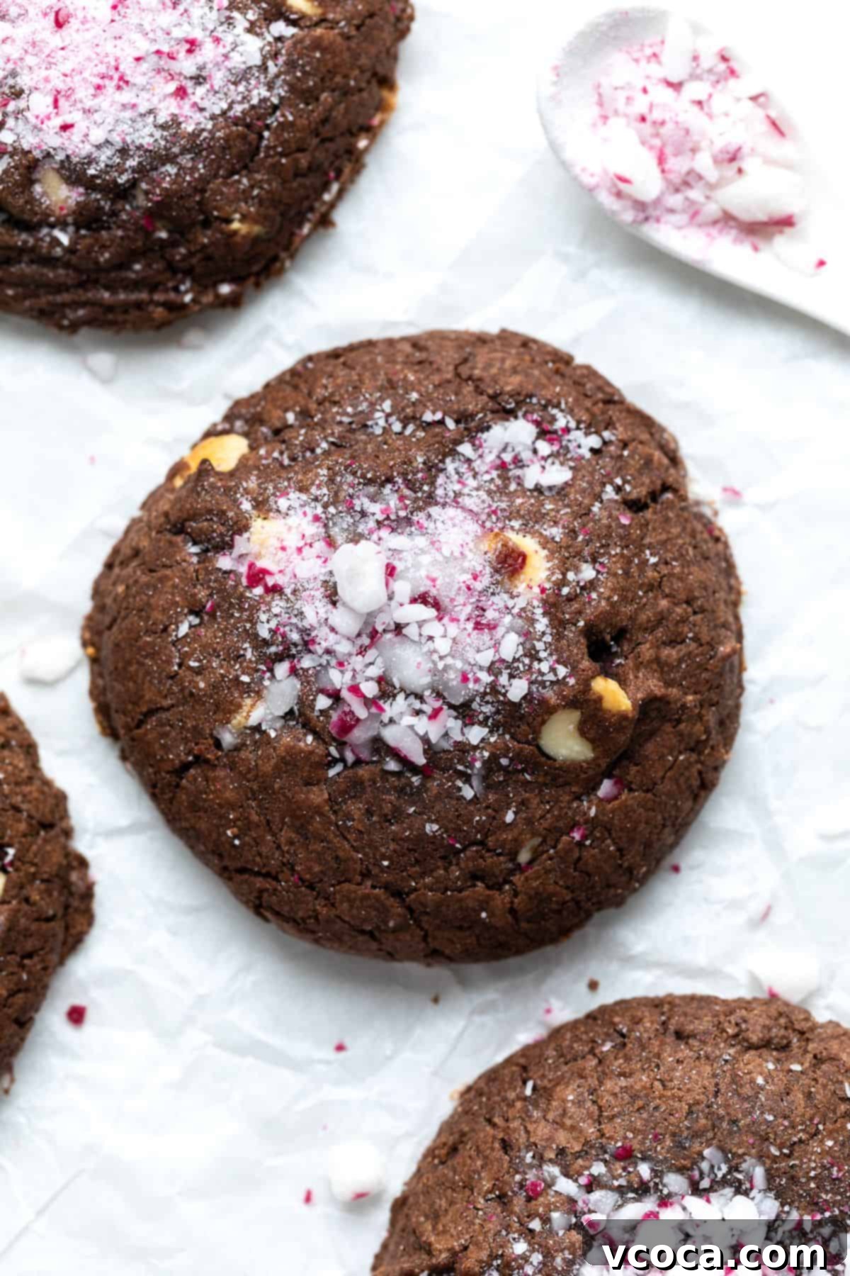 Irresistible Gluten-Free Christmas Treats 6 Chocolate peppermint cookies on a white surface.