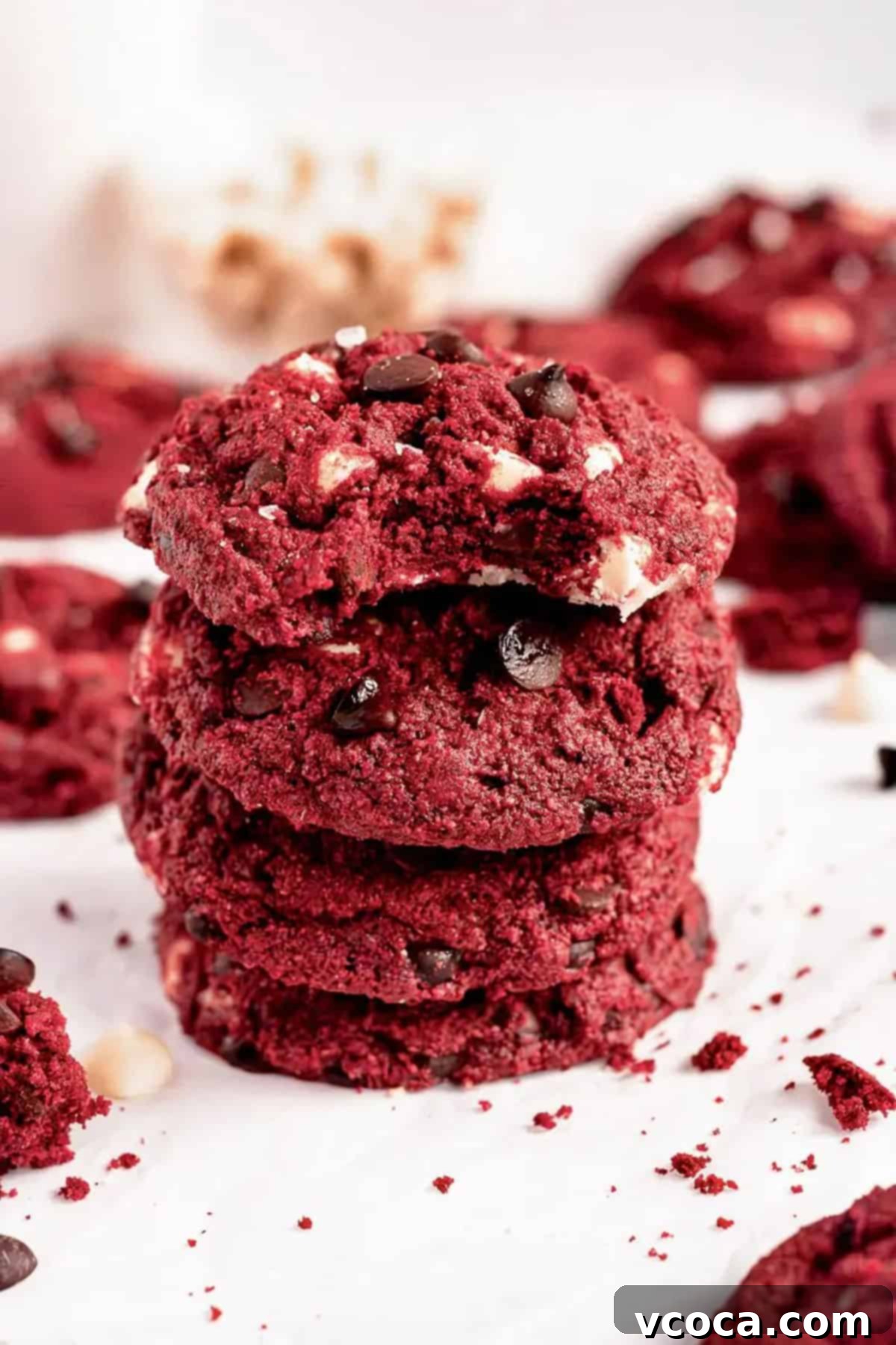 Irresistible Gluten-Free Christmas Treats 11 A stack of vegan red velvet cookies, with the top one having been bitten into.