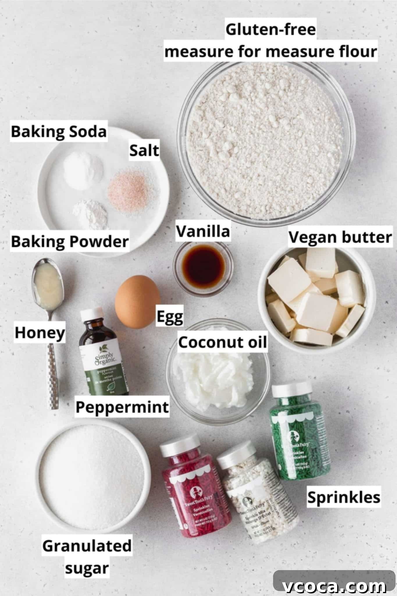 Irresistible Gluten-Free Christmas Treats 12 Ingredients to make gluten-free Christmas cookies measured out into bowls.