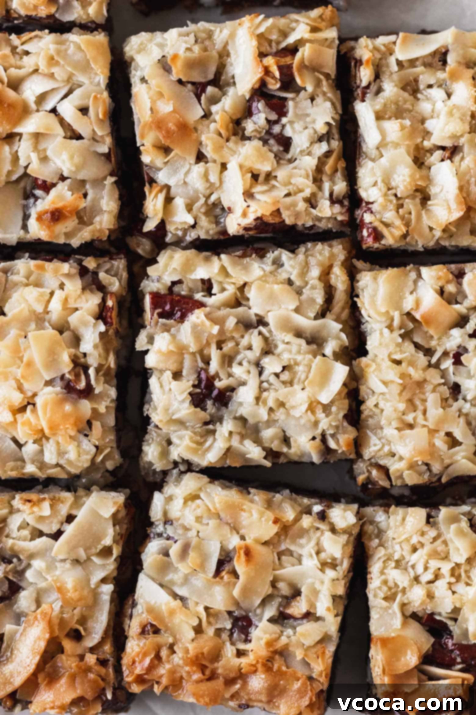 Magical Vegan Seven Layer Bars 16 A close up of coconut dream bars.