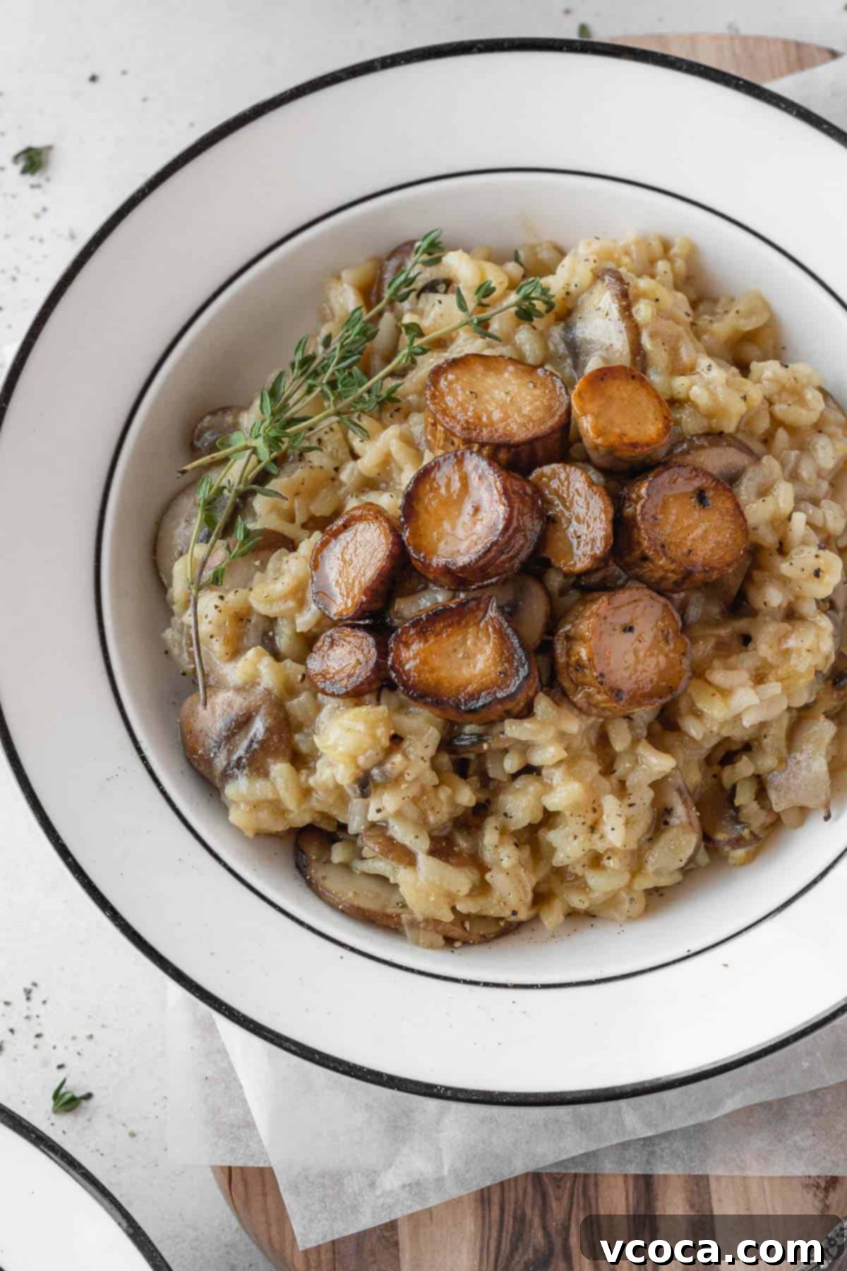 Creamy Vegan Mushroom Risotto 14 A close-up of creamy vegan mushroom risotto topped with two golden-brown seared vegan scallops and a sprig of fresh thyme on a white plate.