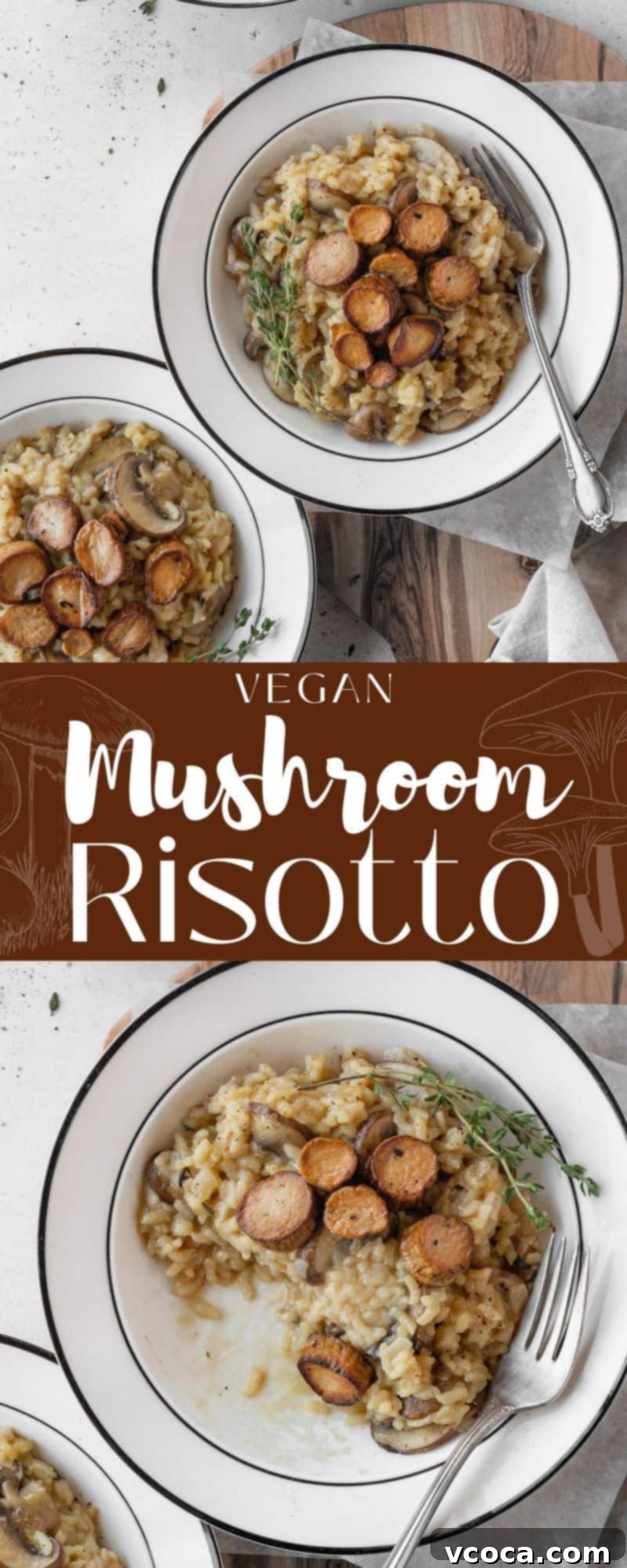 Creamy Vegan Mushroom Risotto 18 A top-down view of a single serving of creamy vegan mushroom risotto on a white plate, ready for plating with vegan scallops.