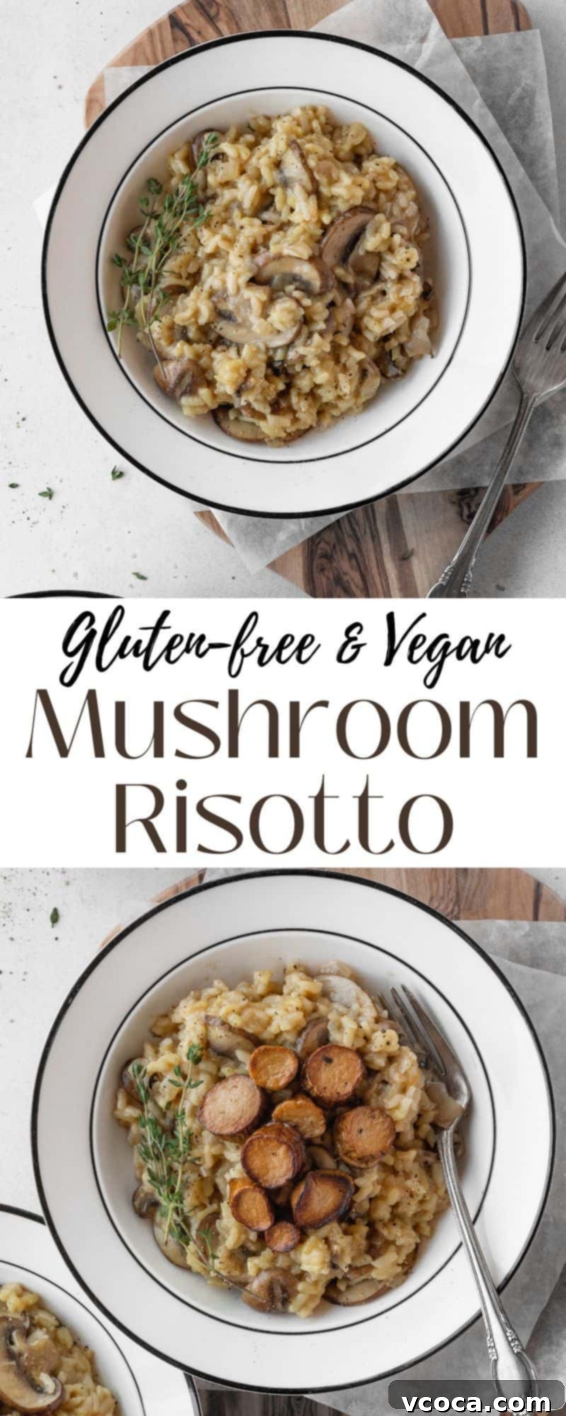 Creamy Vegan Mushroom Risotto 19 Two white plates featuring creamy vegan mushroom risotto, ready to be served.