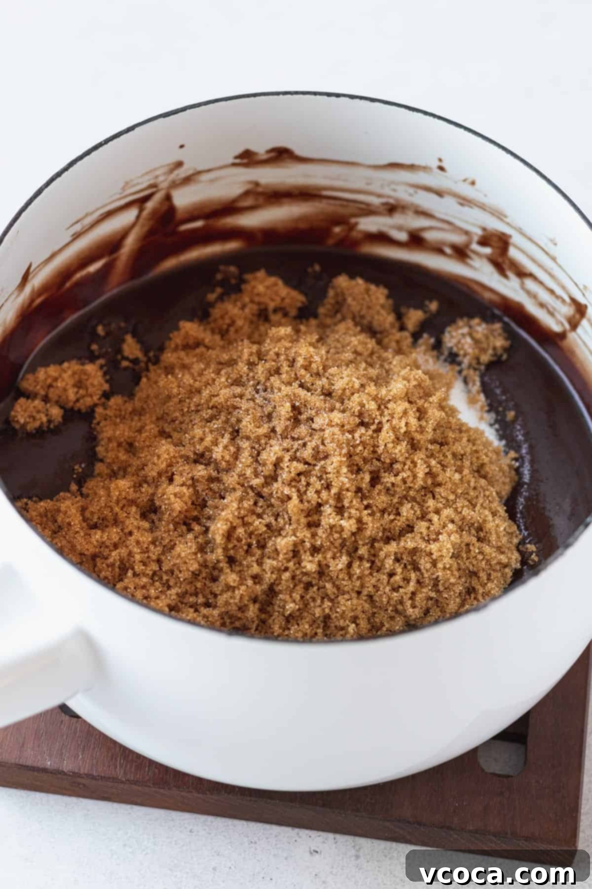 Decadent Gluten-Free Brownies 5 Granulated sugar, brown sugar, and cocoa powder added to the melted chocolate and butter mixture, being whisked together.
