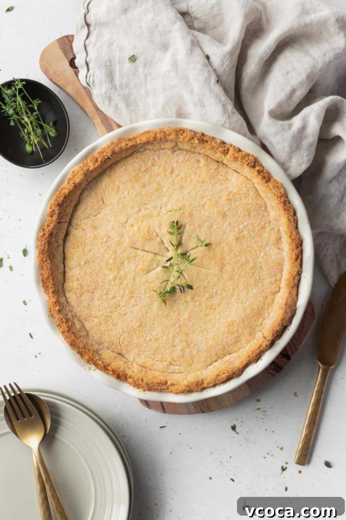 Vegan Chicken Pot Pie 13 A beautifully baked plant-based chicken pot pie, garnished with fresh thyme, resting on a rustic linen with gold serving utensils beside it.