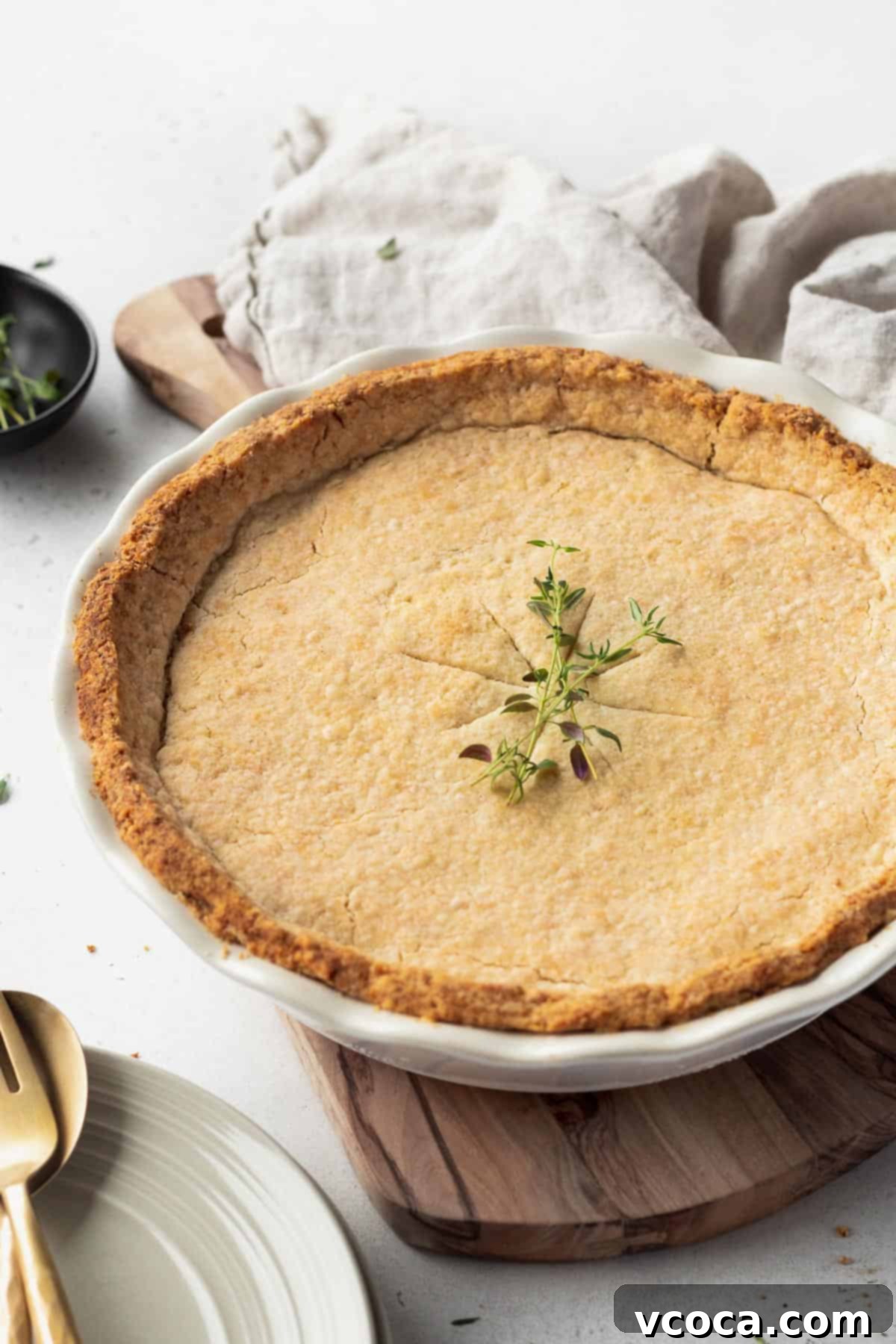 Vegan Chicken Pot Pie 6 A whole baked vegan pot pie in a white ceramic dish, garnished with fresh thyme sprigs.
